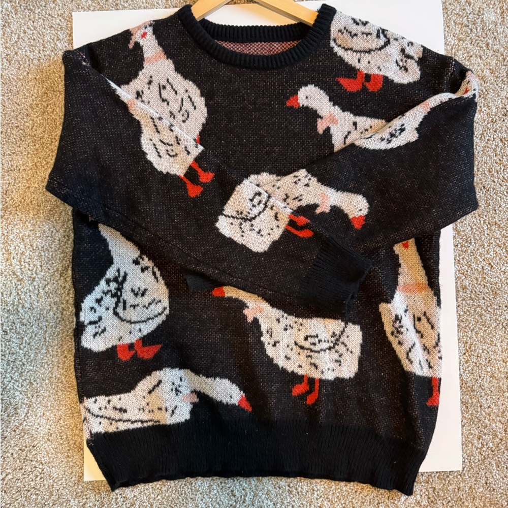 All-Over Goose Print Knit Crewneck Sweater - Black & White (unisex) - Picture 2 of 5
